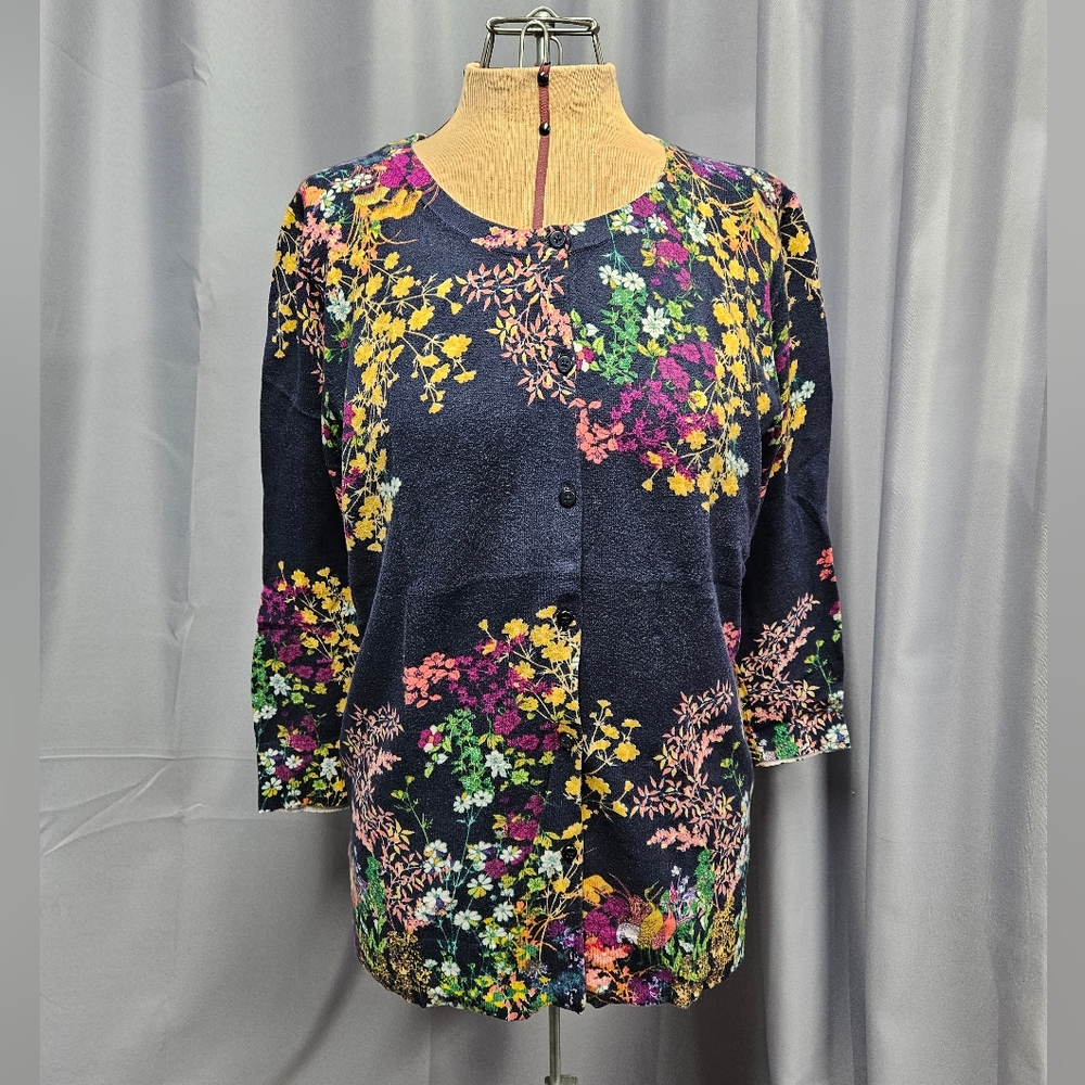 Women's Merona Navy Blue Floral Print Button-up Cardigan (Large)